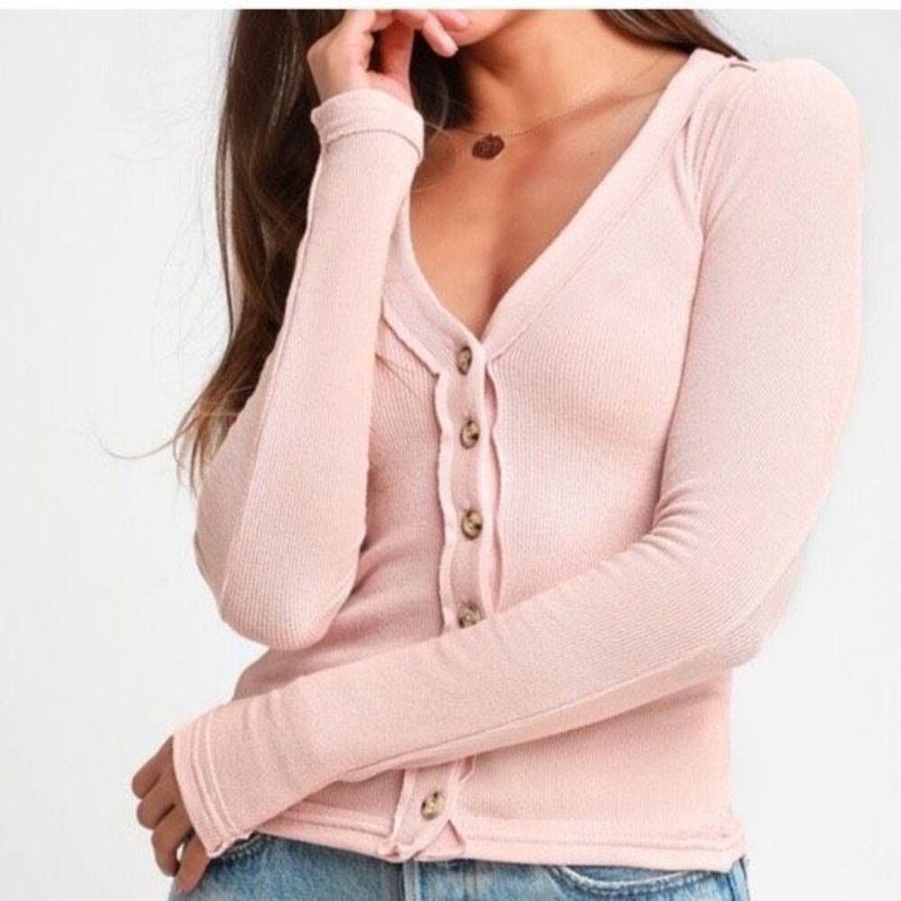 We The Free Pink Ribbed Button Front Cardigan small